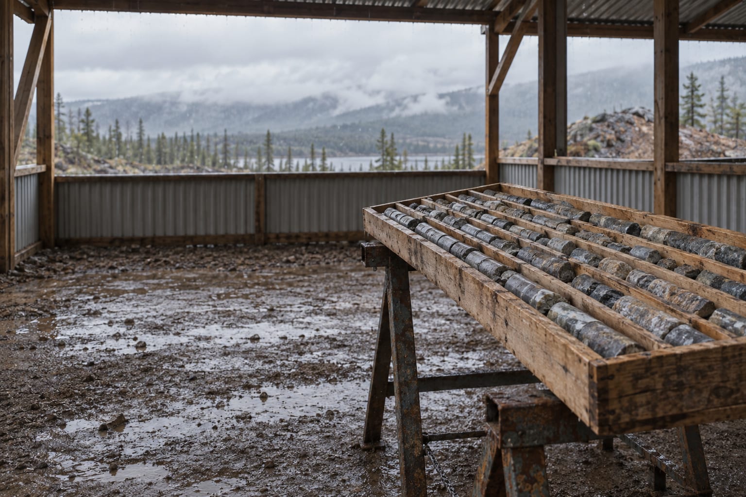 A single tray of drill core rests on a sawhorse in an open-sided shed beneath an overcast sky.