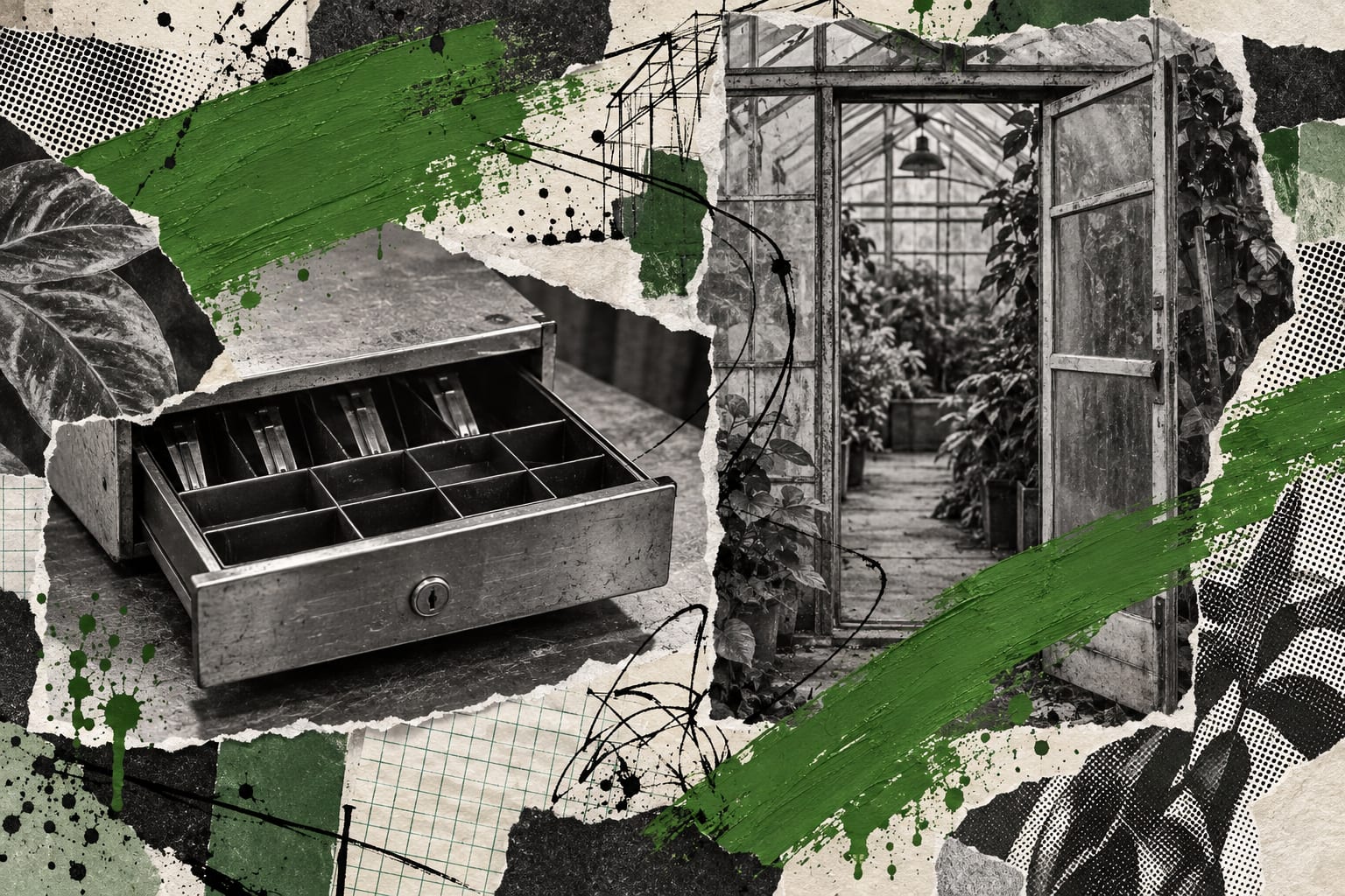 A collage layers an empty cash drawer and an anonymous greenhouse doorway with leaf-green paint.