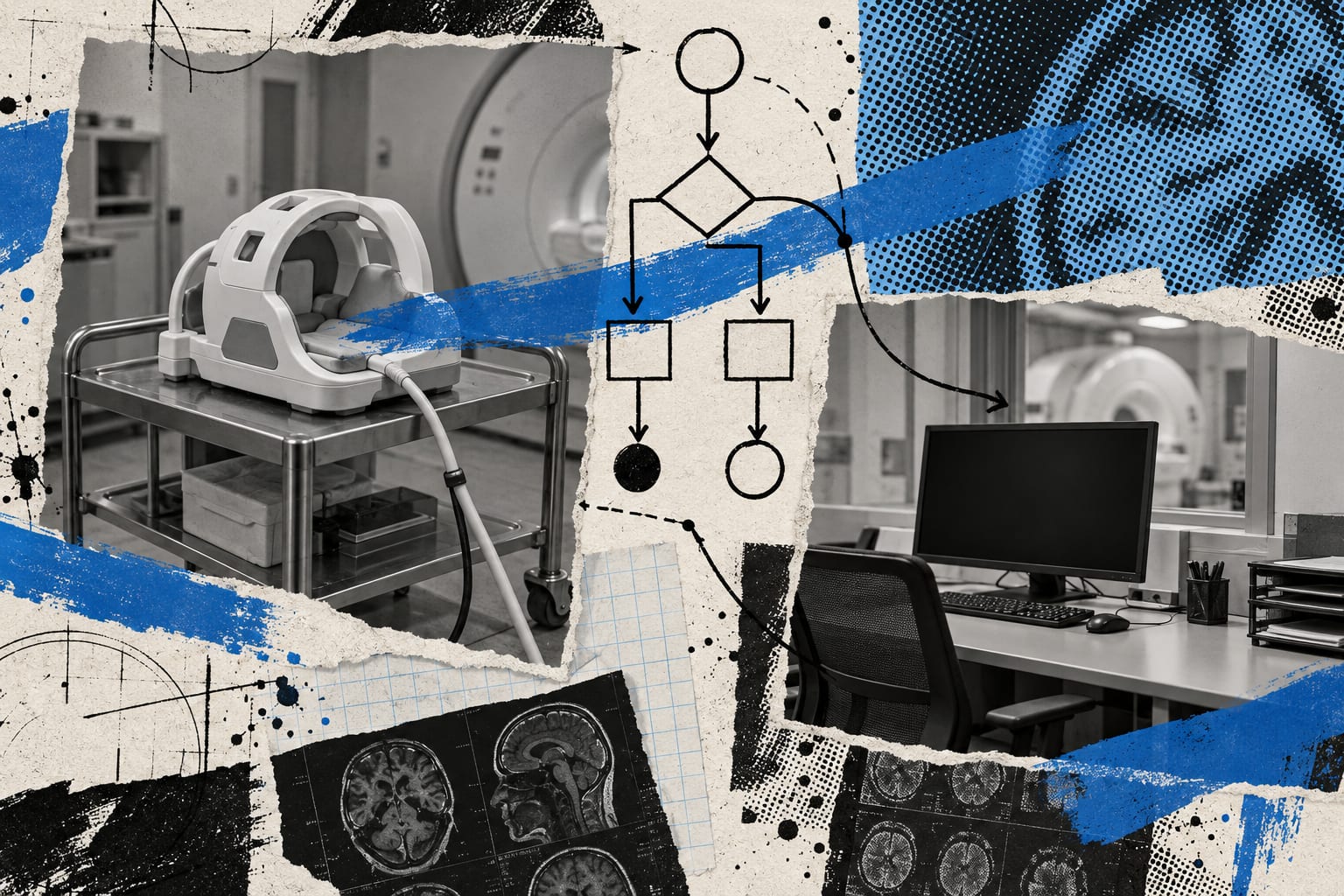 A mixed media collage shows an MRI receiver coil and a radiology reading desk crossed by cool blue paint and ink lines.