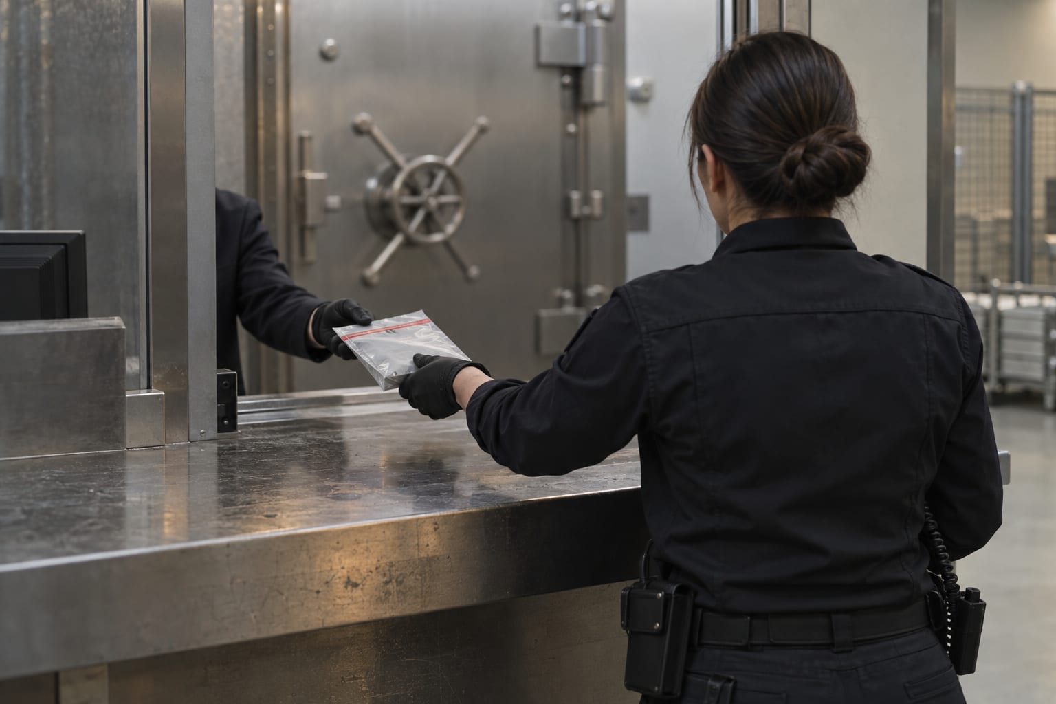 A security worker seen from behind handles a sealed custody pouch at an anonymous vault counter.