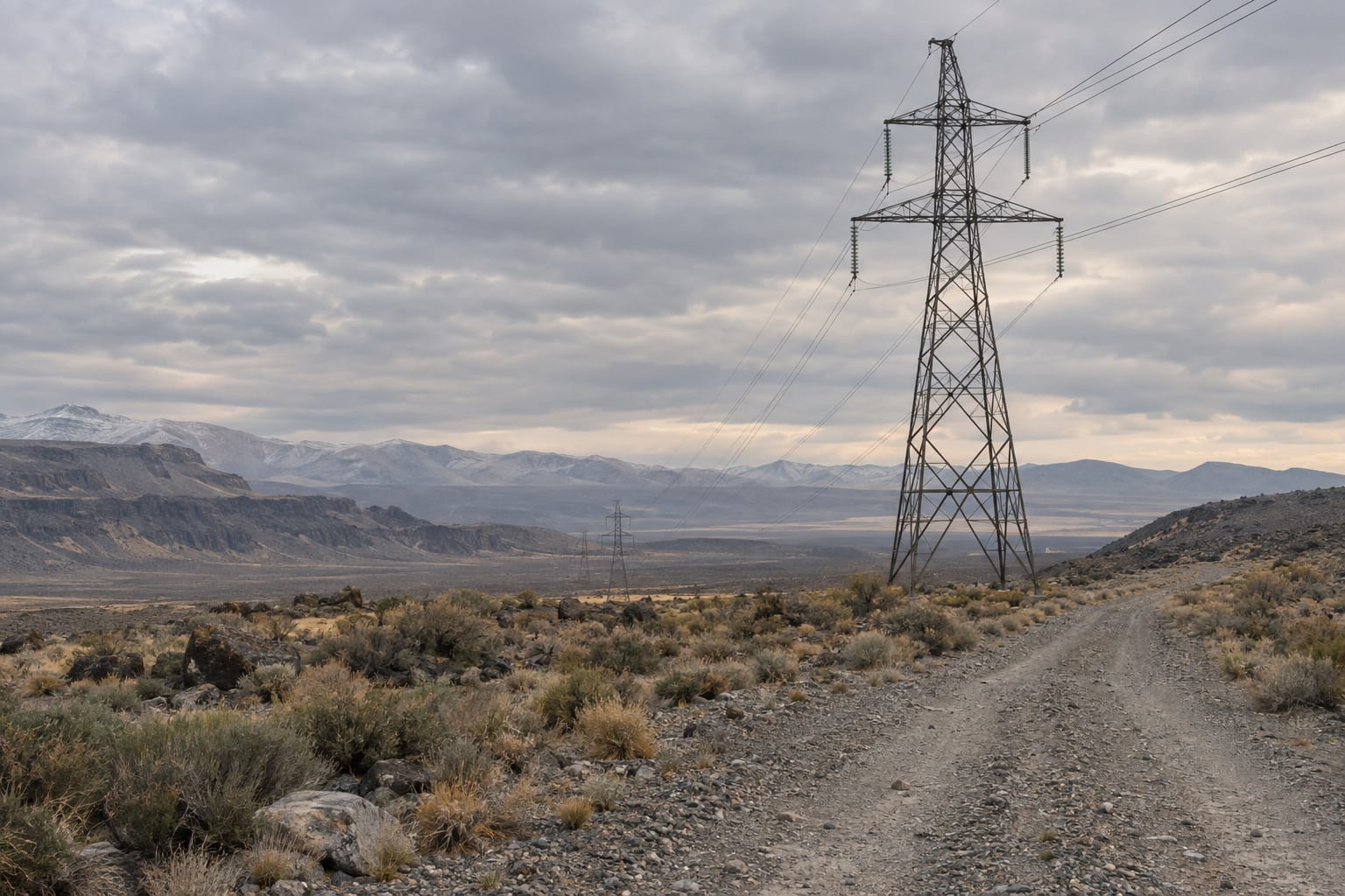 An anonymous transmission pylon stands beside an empty gravel service track beneath a grey sky.
