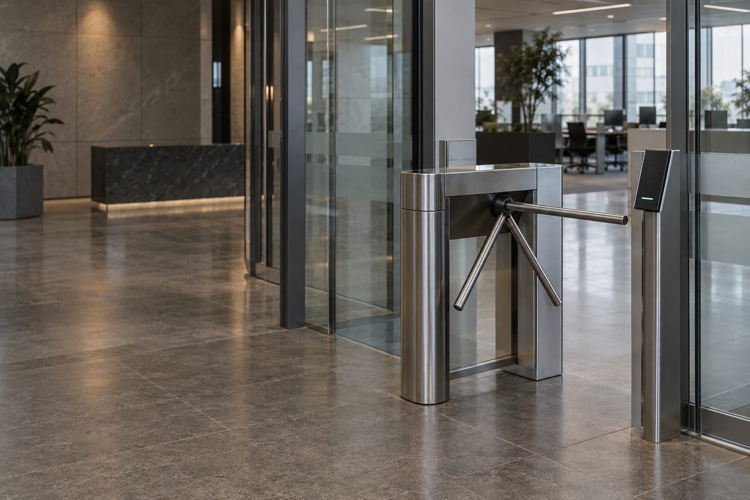An office entrance has a stainless-steel access turnstile and a card reader beside glass partitions.