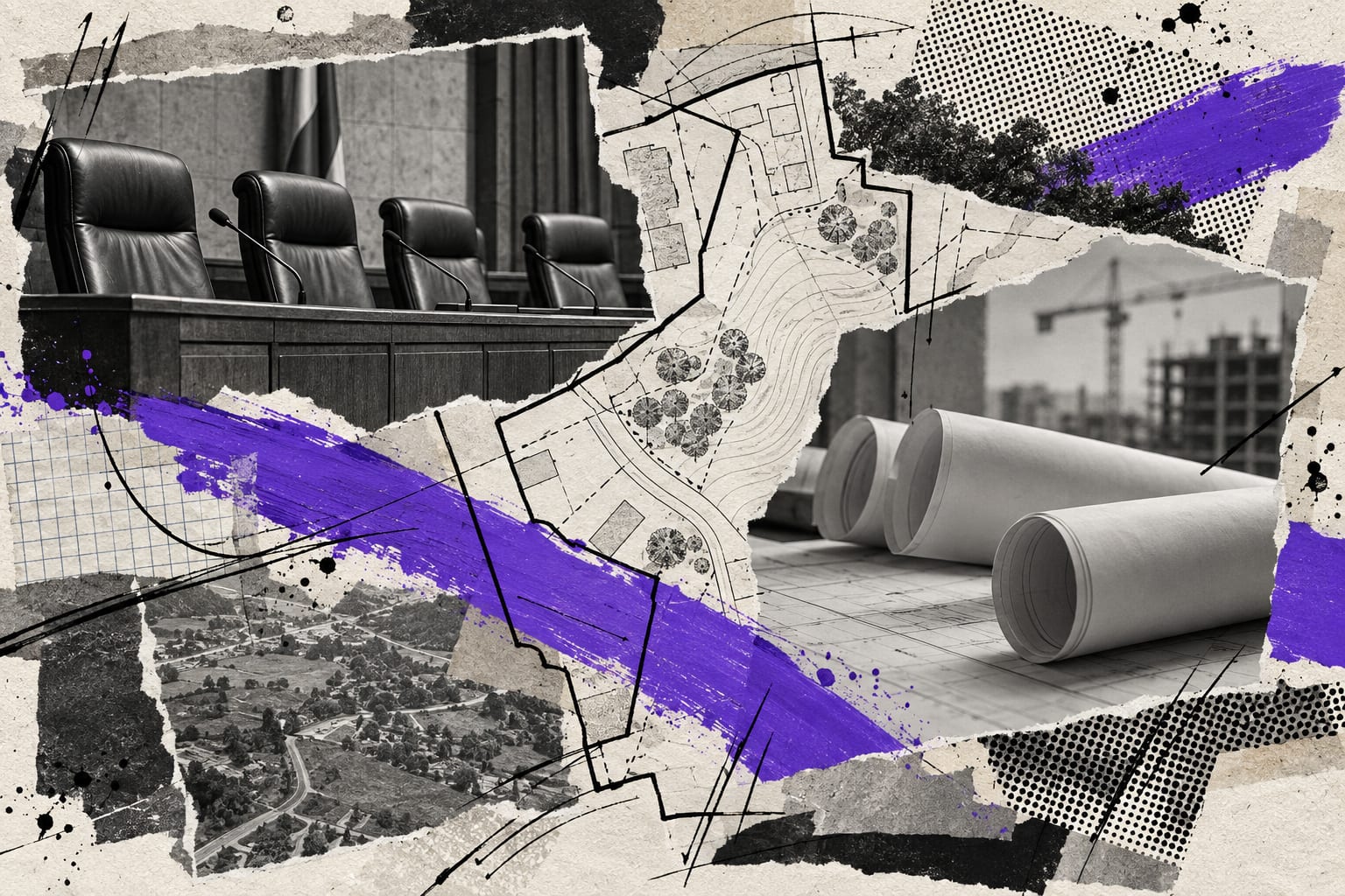 A mixed-media collage shows empty council chairs, rolled planning sheets and a violet stroke crossing an abstract parcel boundary.