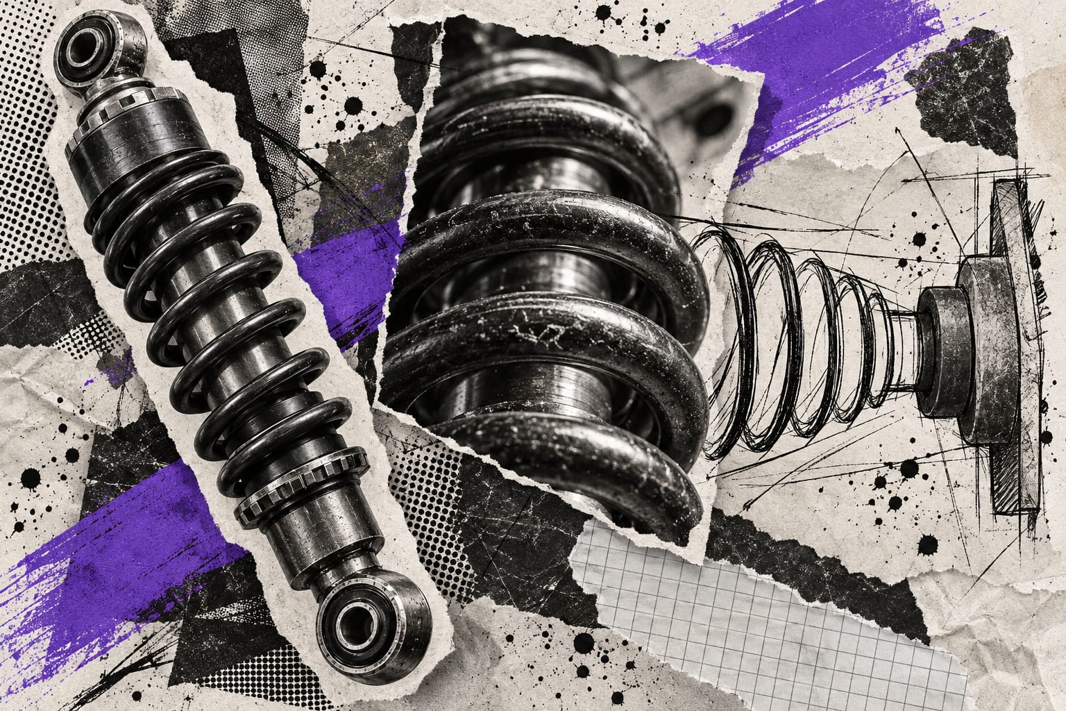 Black-and-white cut-outs of a shock absorber and coil spring overlap ink lines and a violet painted stroke on textured paper.