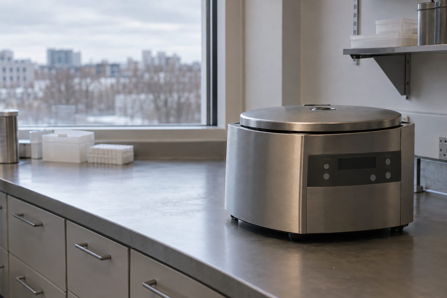 A sealed clinical centrifuge stands in an anonymous blood-sample processing room.