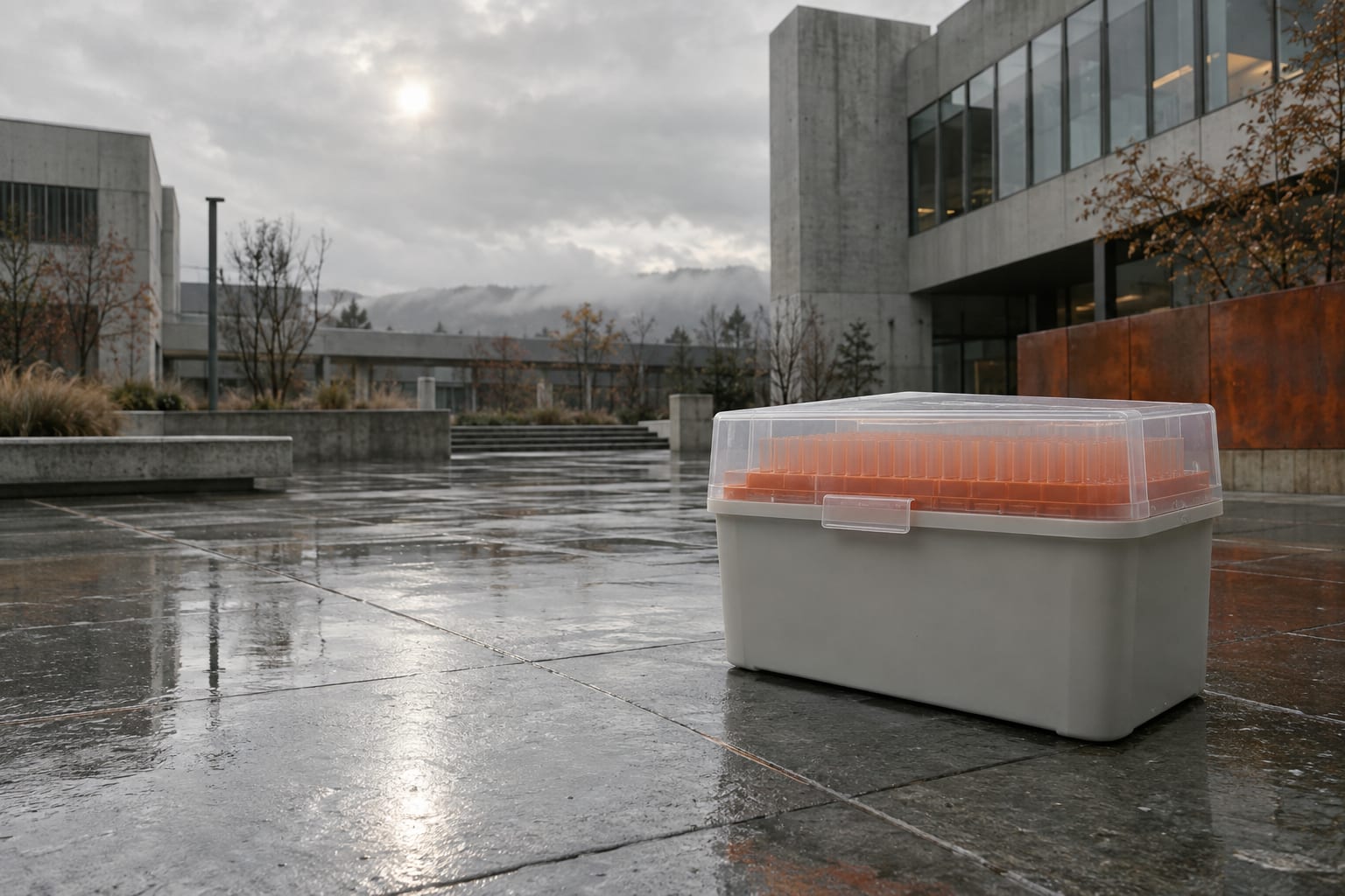 An oversized plain pipette tip box stands in a rain-wet courtyard outside generic biomedical research buildings.