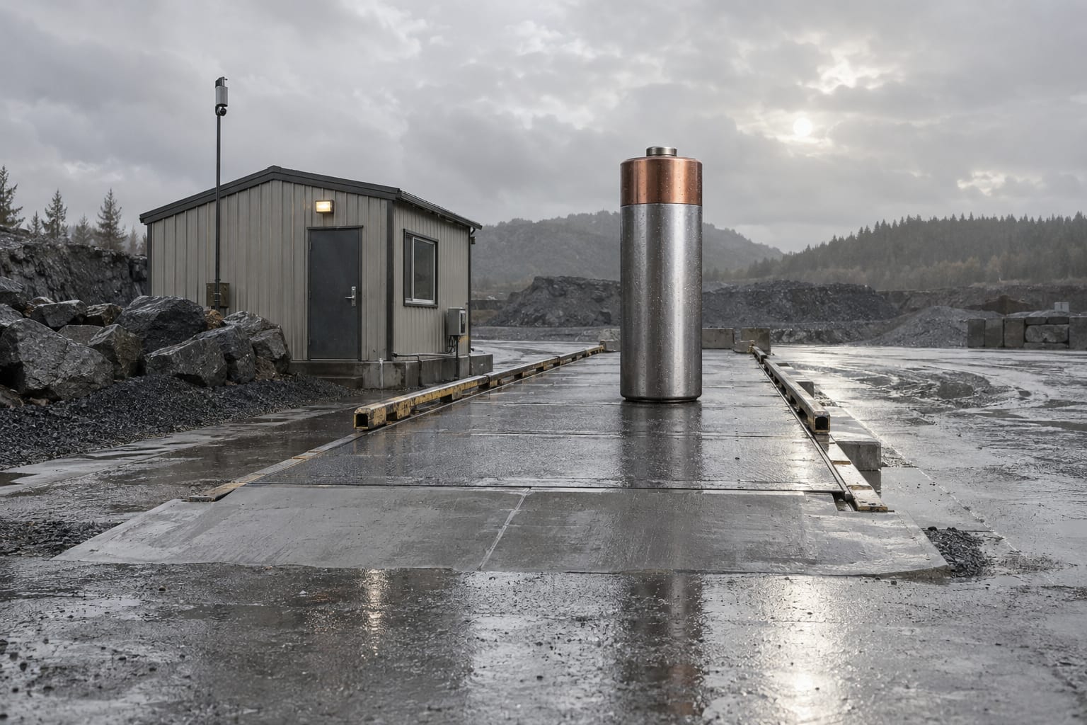 An oversized blank battery cell stands on a rain-dark industrial weighbridge beneath a grey sky.