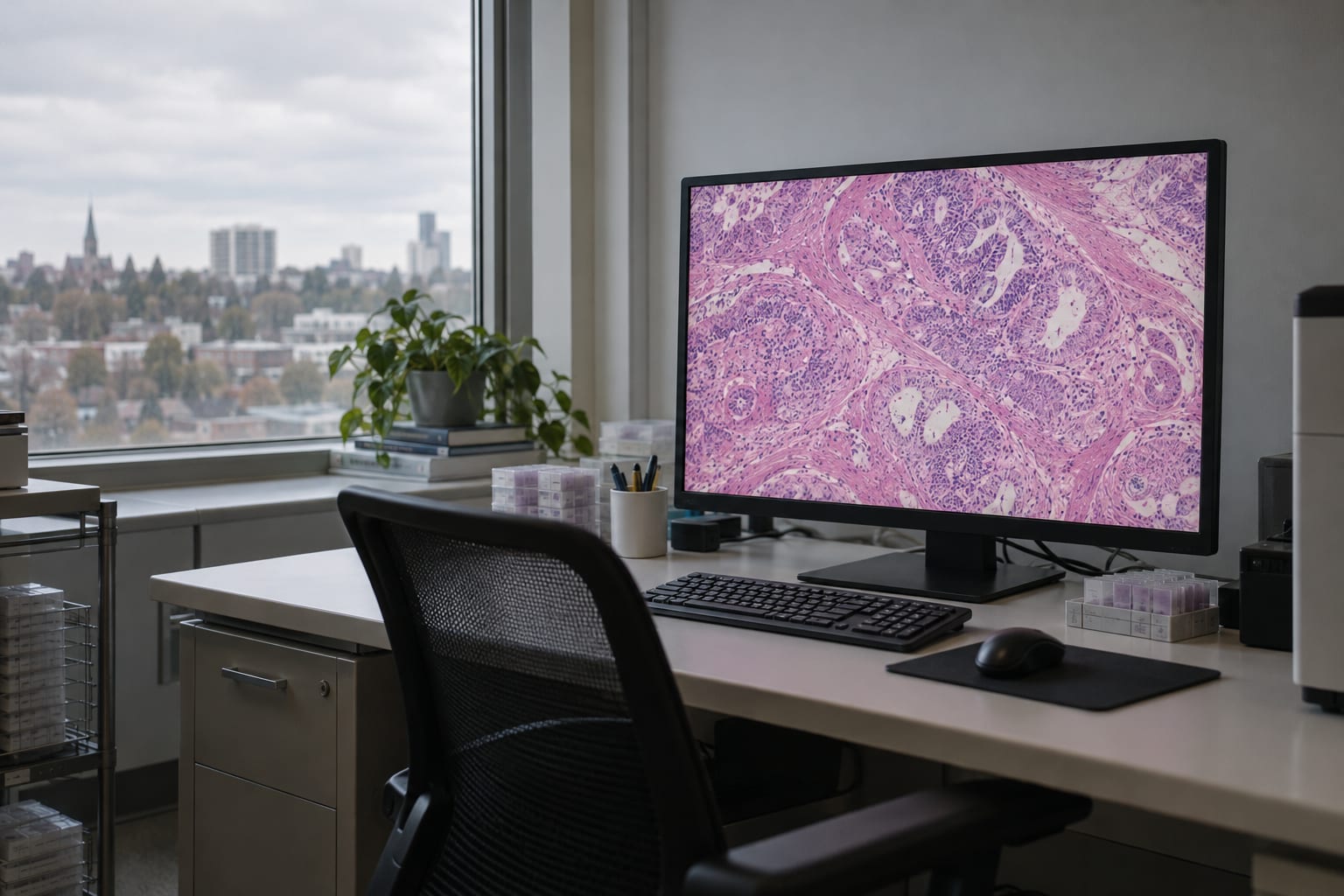 An unbranded monitor displays a tissue image at an unattended digital pathology review station in a generic clinical reading office.
