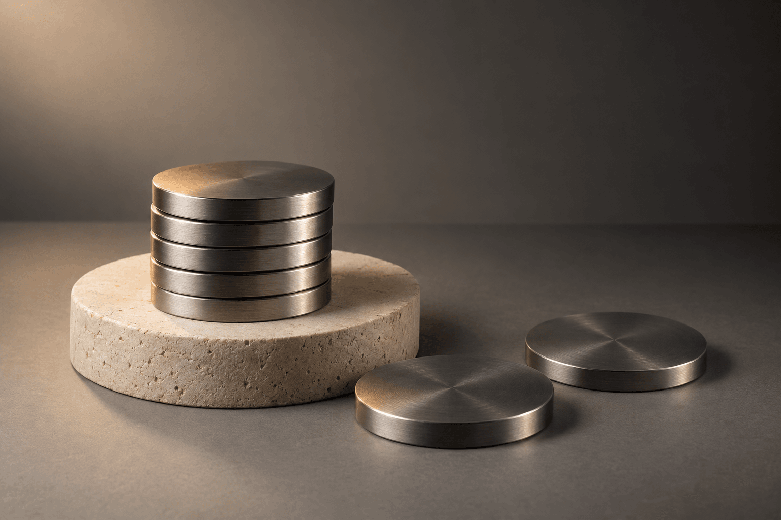 A short stack of unmarked brushed steel discs rests on a low stone plinth under a single studio light.