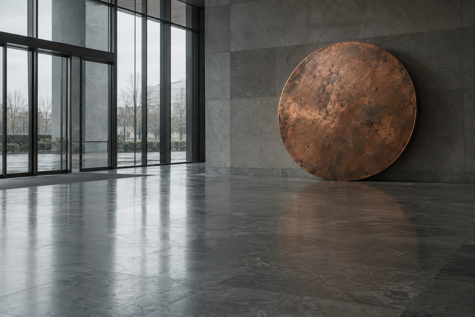 An oversized unmarked copper disc leans against a wall in an anonymous office lobby.