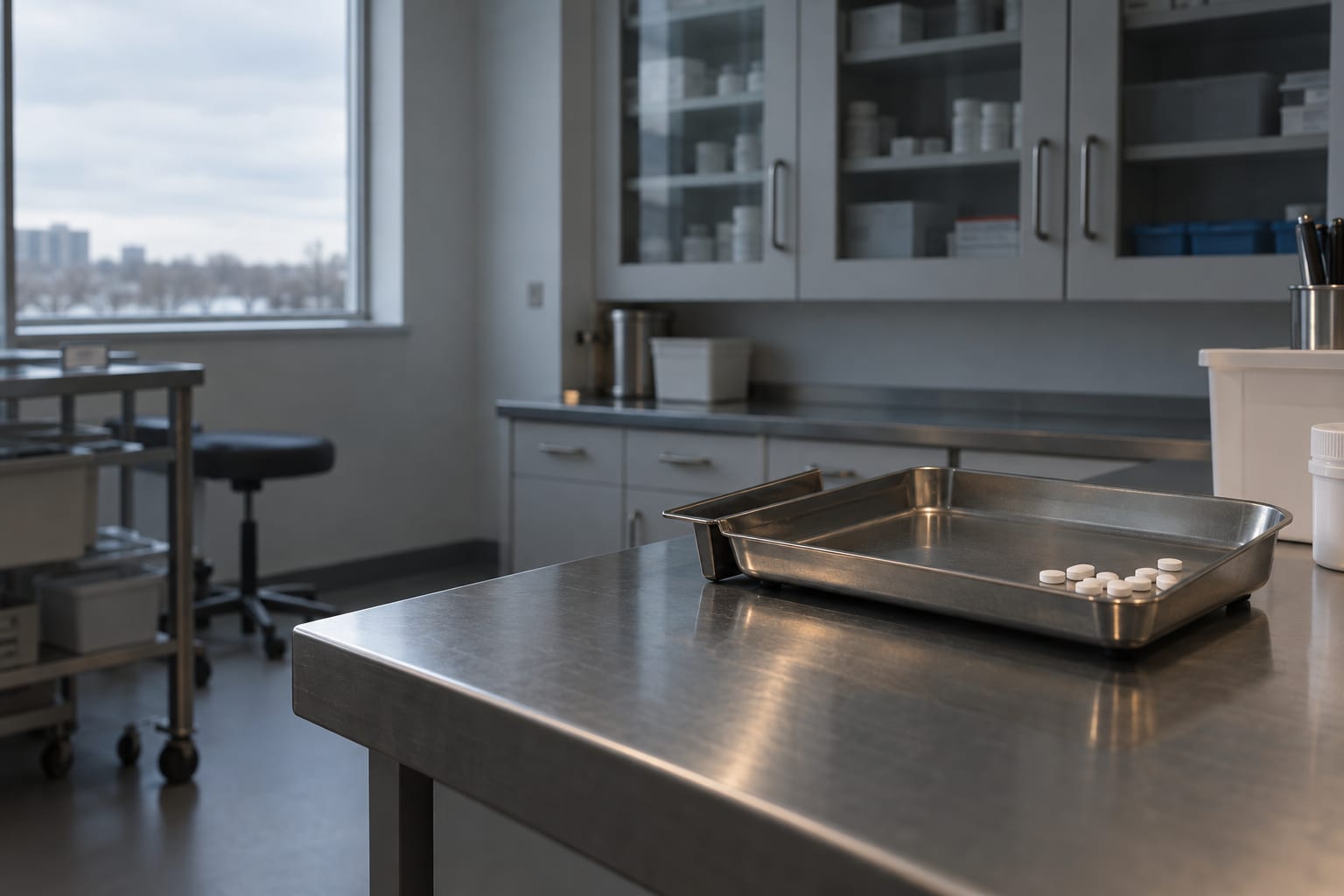 A tablet-counting tray rests beside shelving in an anonymous clinical research pharmacy.