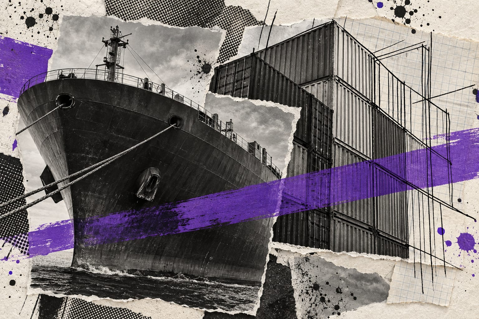 A layered collage combines a cargo ship and shipping containers with ink lines and violet paint.