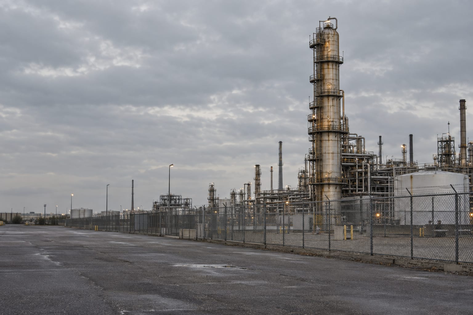 A weathered refinery distillation column stands behind a fence beneath an overcast sky.