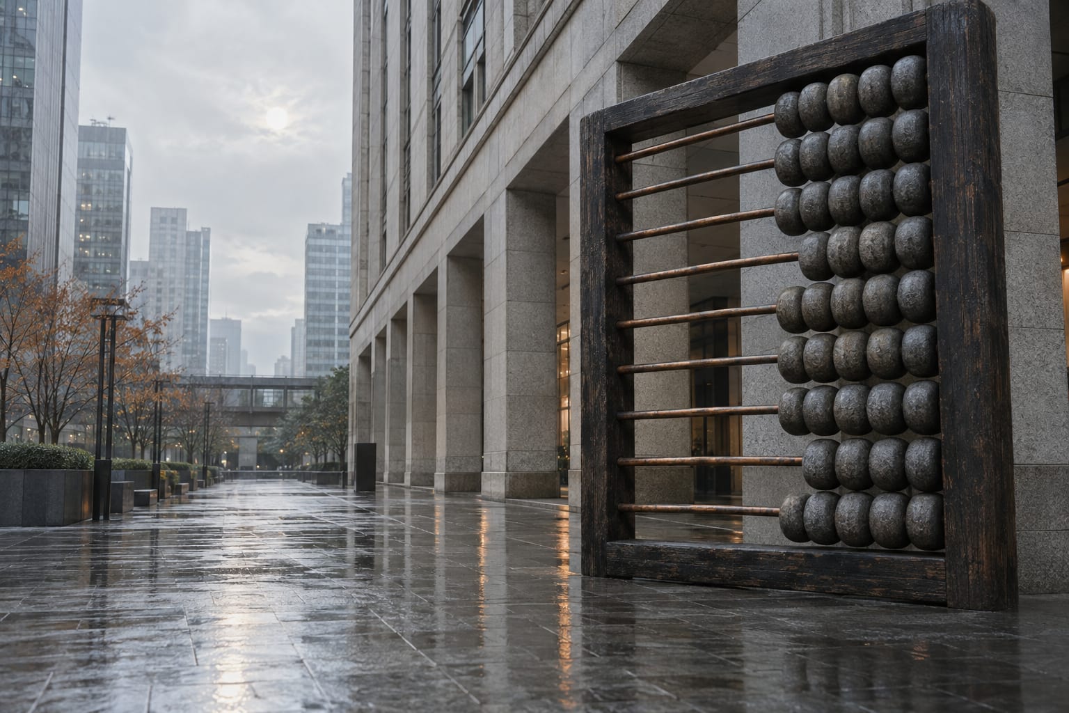 An oversized abacus stands on a wet pedestrian plaza in an anonymous financial district.