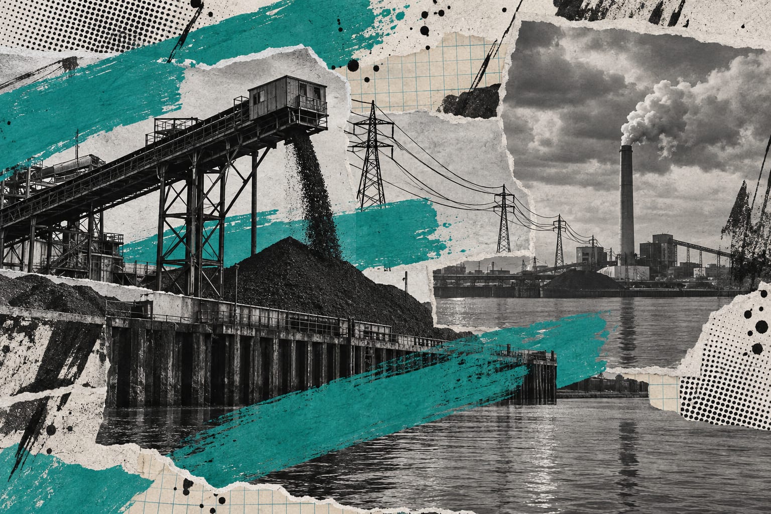 Black-and-white cut-outs of a coal conveyor and distant smokestack cross teal strokes in an editorial collage.