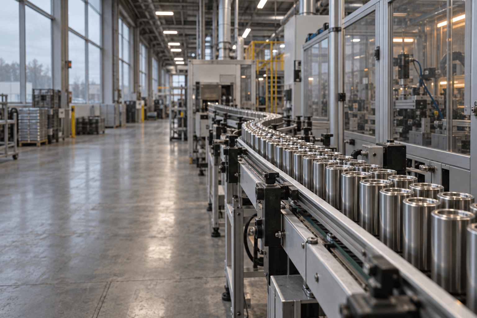 Large cylindrical battery cells move through an industrial manufacturing line under cool overhead light.