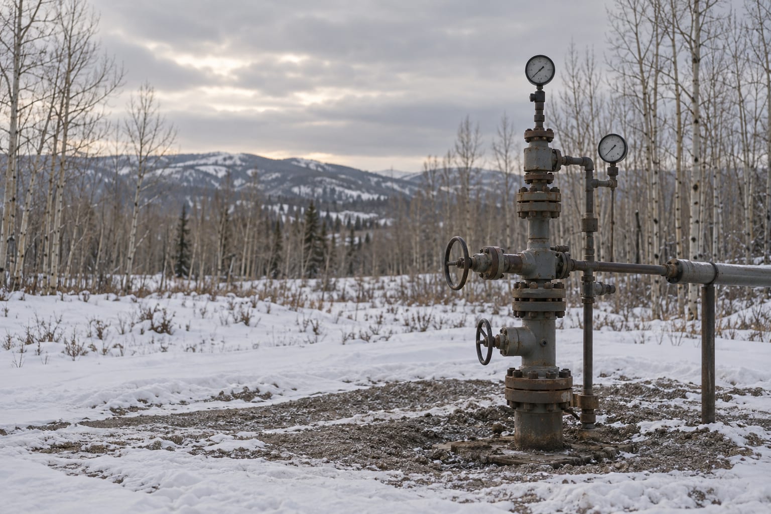 An anonymous brine wellhead stands amid snow on a flat prairie beneath an overcast sky.