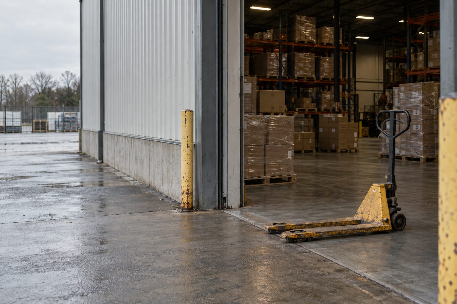 A pallet jack stands beside plain cartons at the entrance to an anonymous leased industrial unit.
