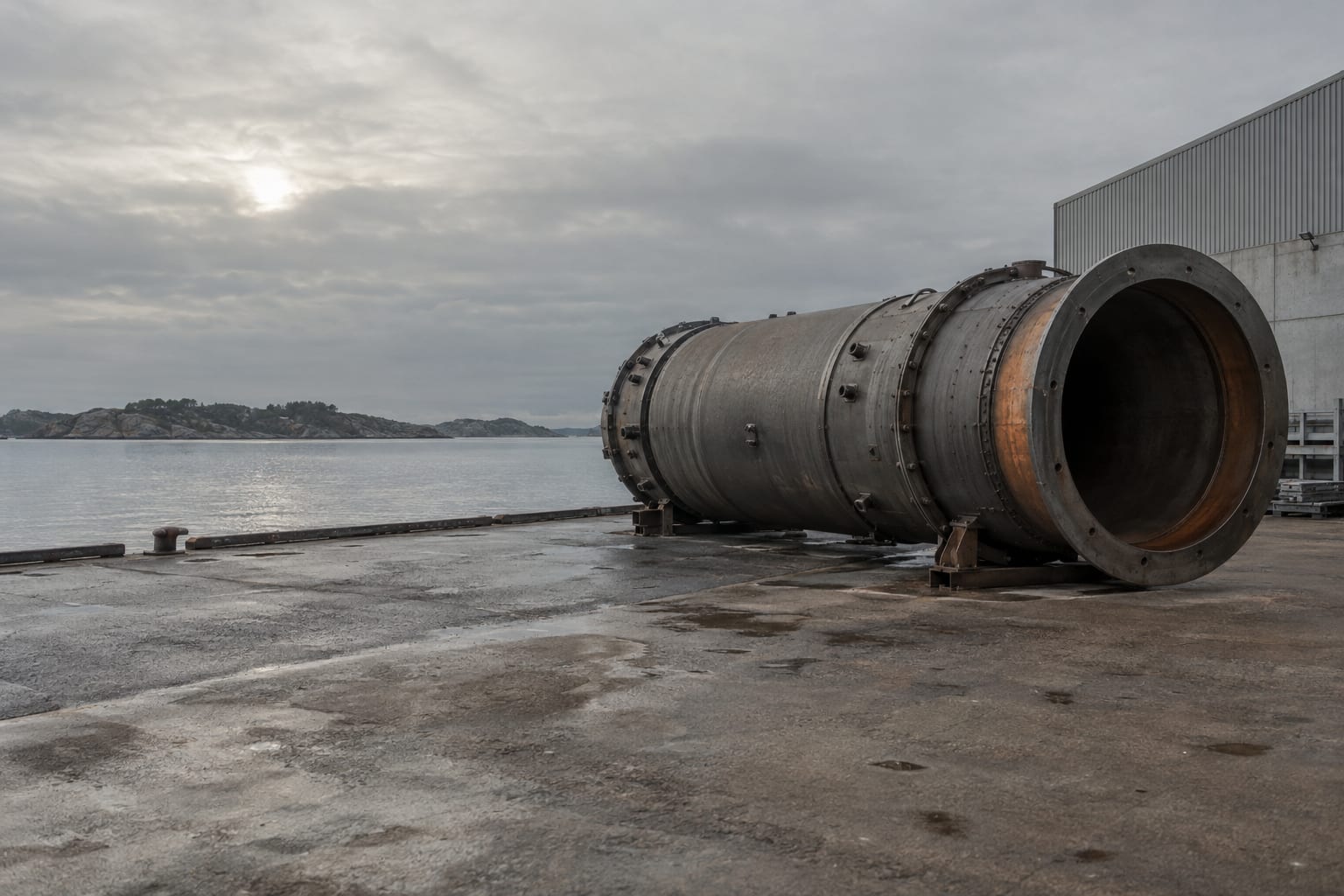 An oversized hollow steel centrifuge casing rests on a generic industrial harbour quay beneath a grey sky.