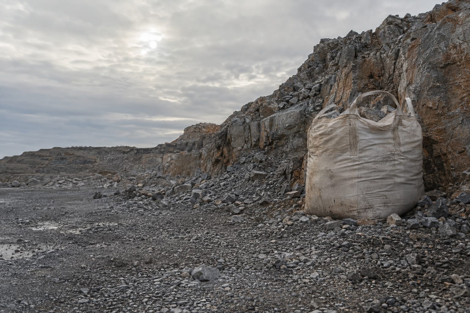 An oversized unmarked canvas ore sample bag stands beside a generic rocky excavation under overcast light.