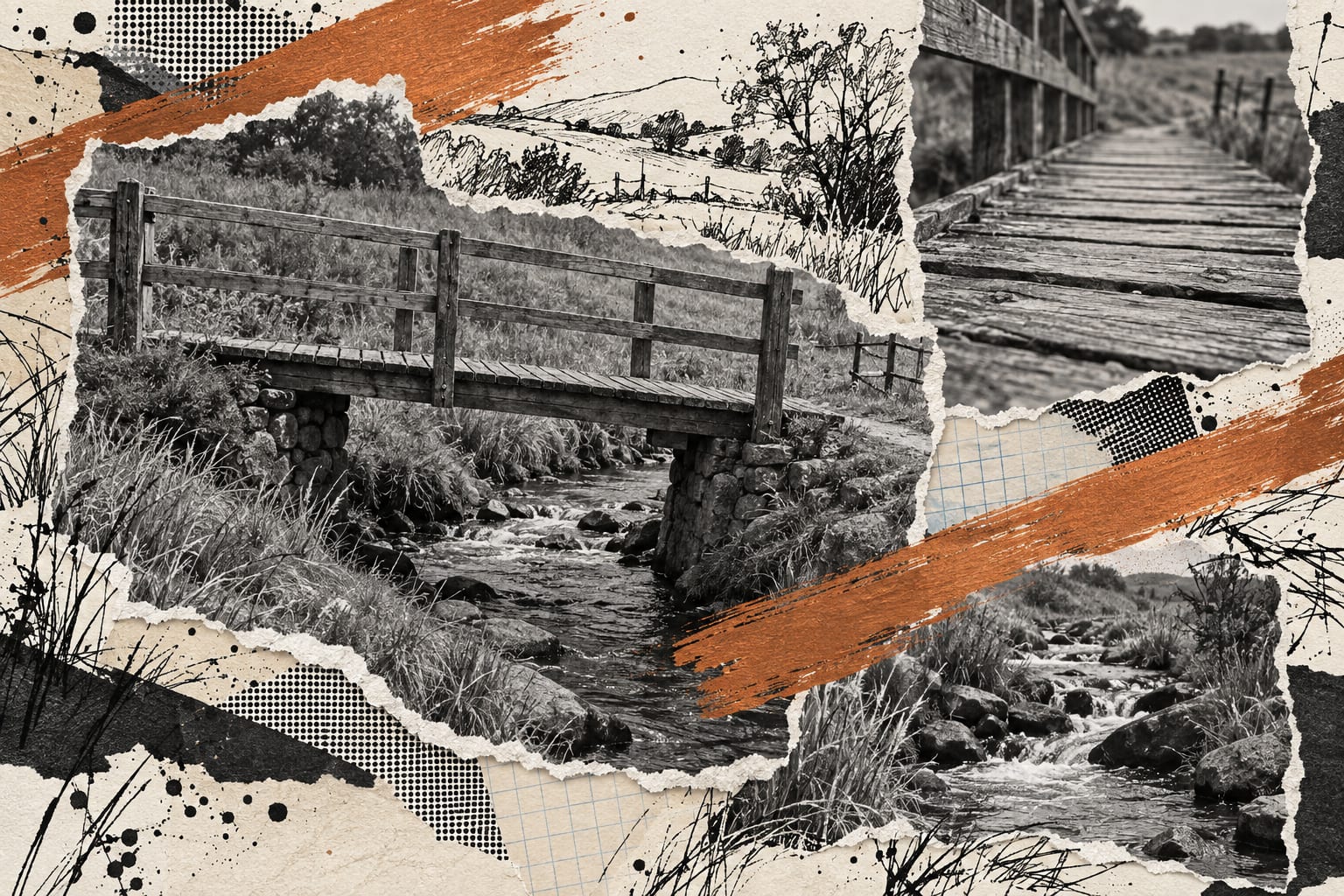 A mixed-media collage shows a timber footbridge crossing a narrow rural stream.