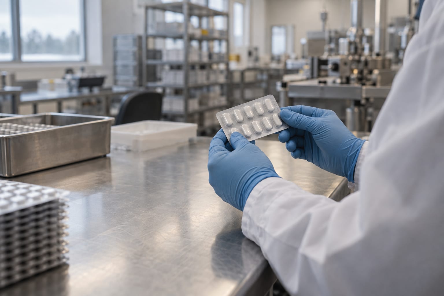 Gloved hands inspect an unmarked blister pack on a steel worktop in an anonymous clinical packaging room.
