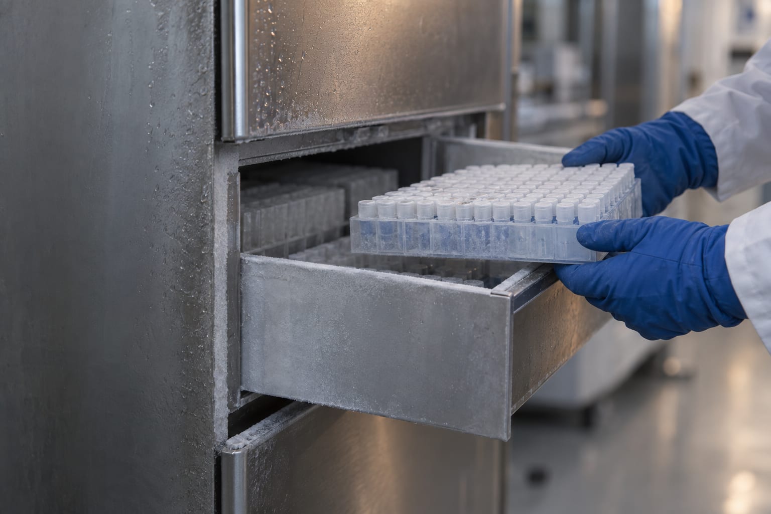 A gloved technician withdraws an unmarked sample rack from a freezer drawer in a generic laboratory.