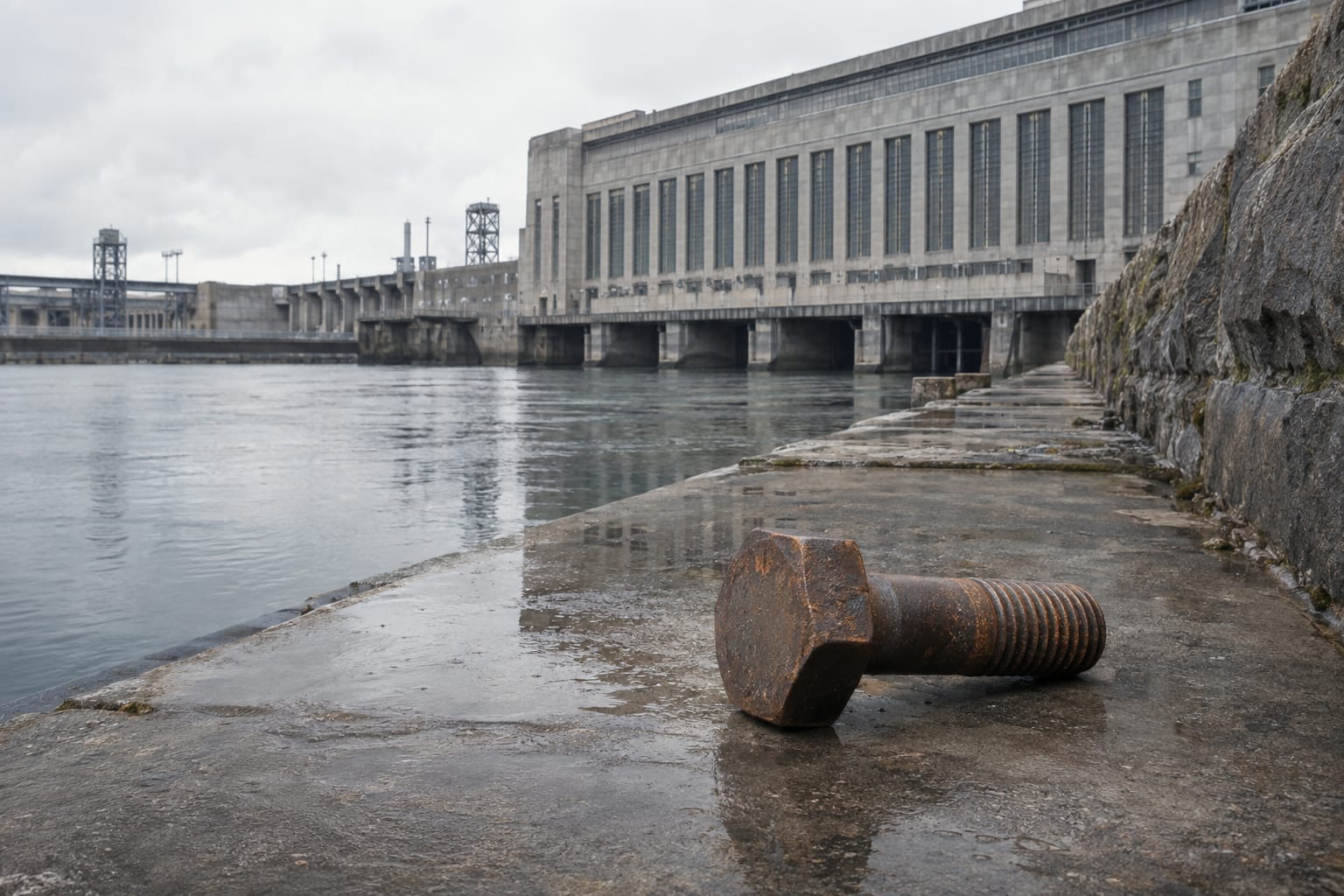 An oversized steel turbine bolt rests on a wet canal quay beside an anonymous power station intake.