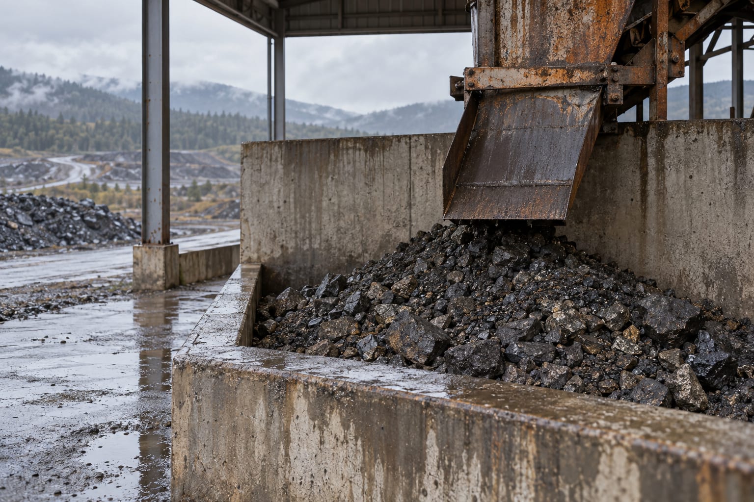 An ore sampling chute hangs above a bin of dark rock in an anonymous covered industrial yard.
