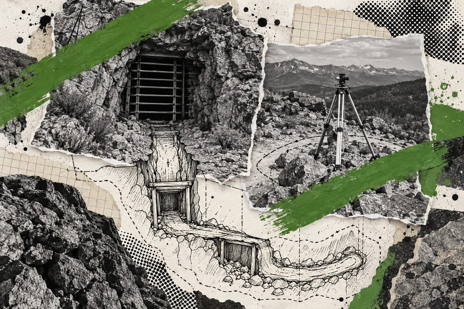 An editorial collage shows an anonymous mine adit and survey tripod with leaf-green brush strokes and black ink mine-plan lines.