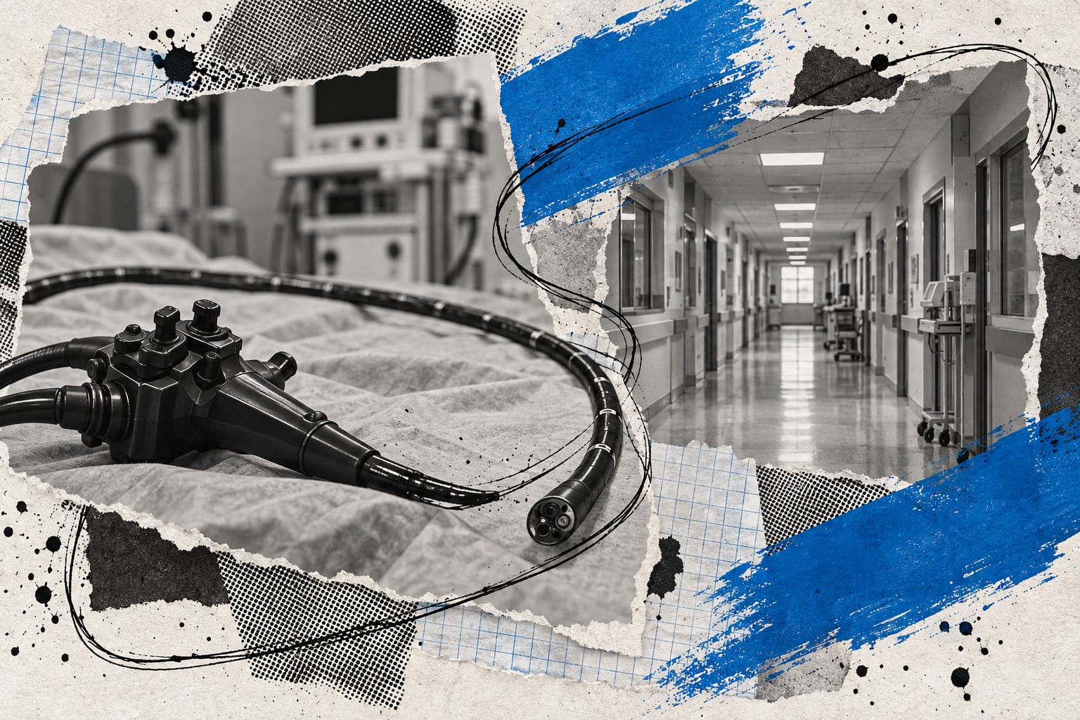 A cool blue editorial collage combines a coiled endoscope, its control console and an empty hospital research corridor.