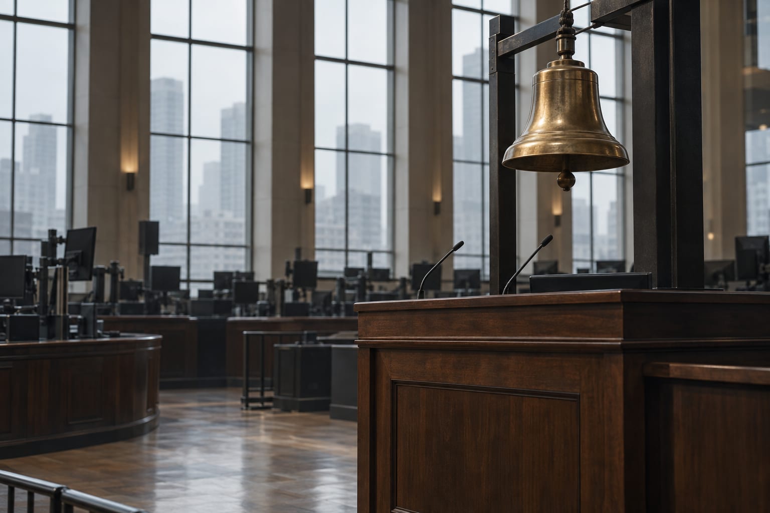 An unmarked brass opening bell hangs inside an anonymous exchange hall under grey daylight.