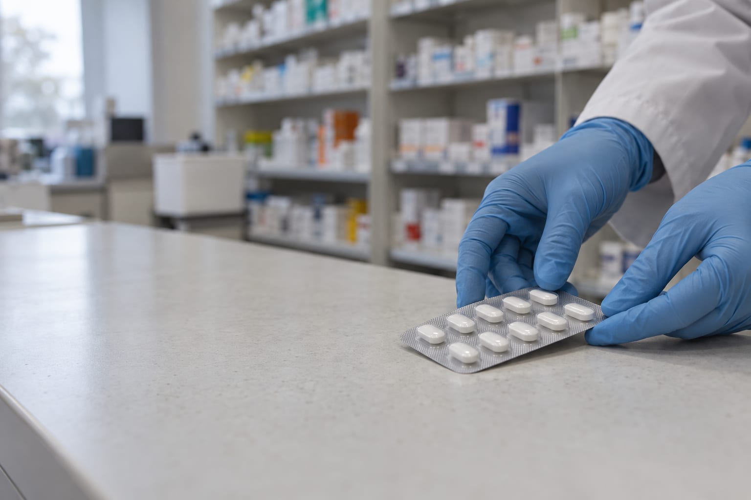Gloved hands arrange an unmarked blister pack on a pharmacy dispensary work surface.