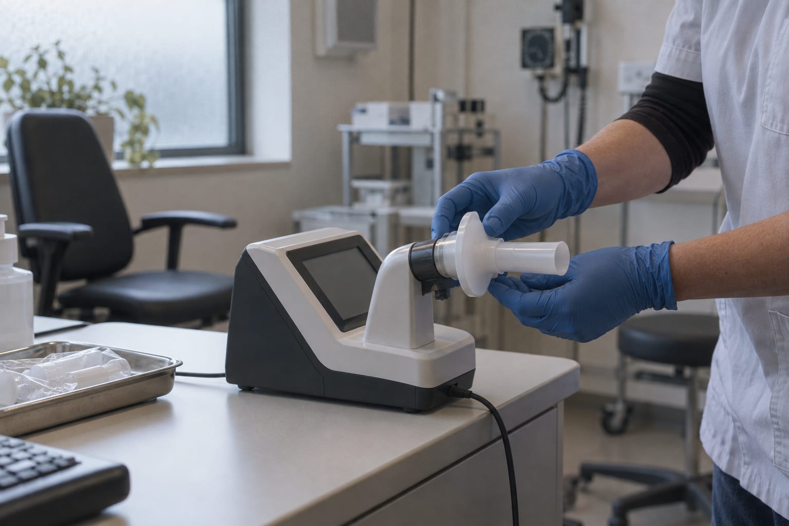 Gloved hands attach an unlabelled breathing mouthpiece to a desktop spirometer in an anonymous pulmonary-function testing room.