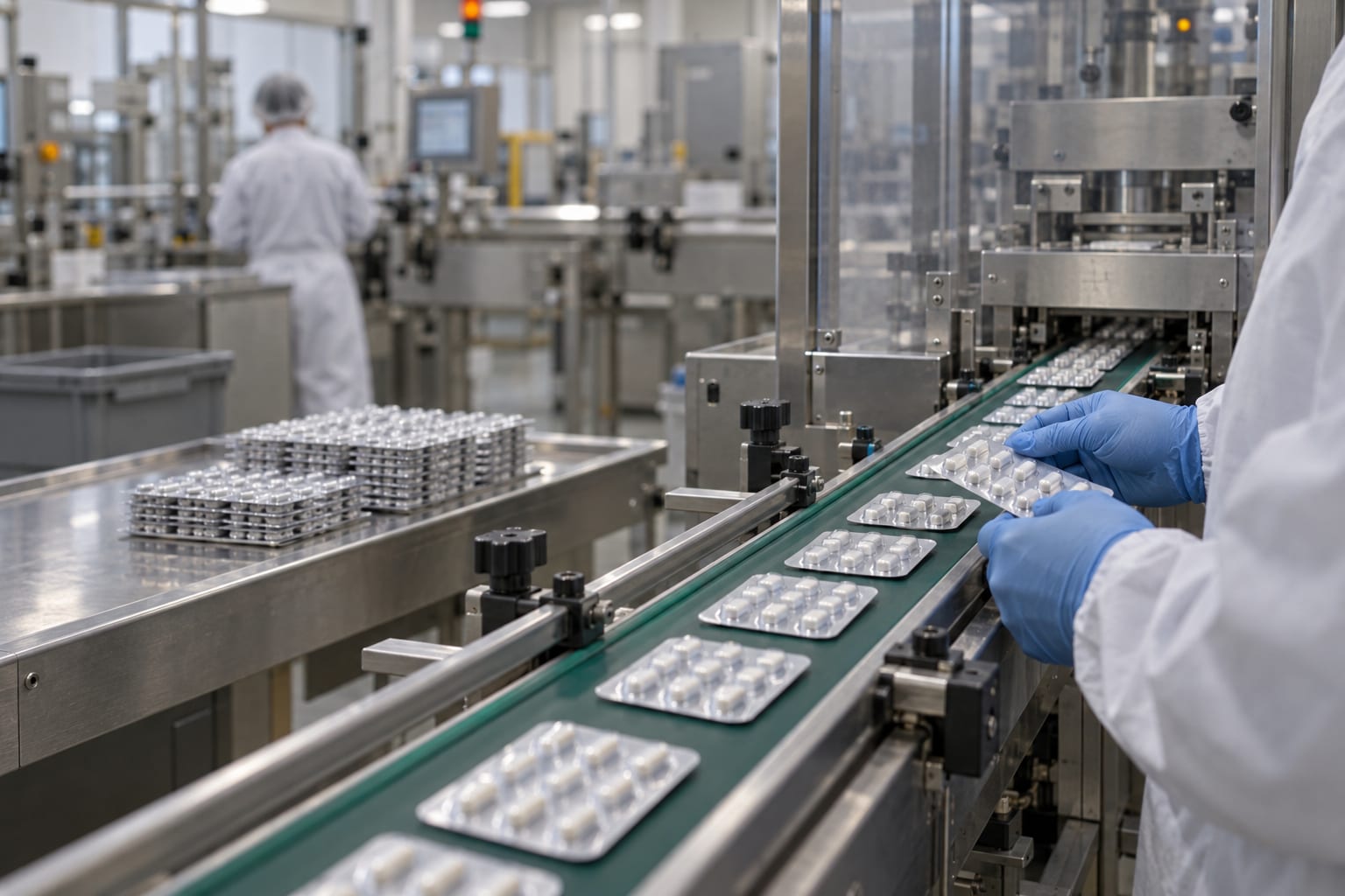 Sealed blister packs move along an anonymous pharmaceutical packaging line under cool white light.