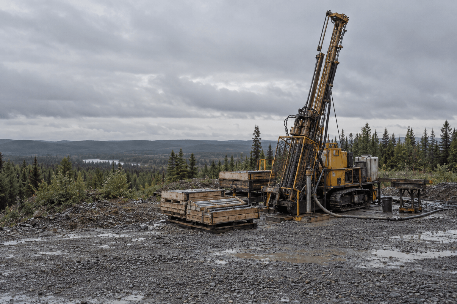 An exploration drill rig stands beside stacked core boxes beneath an overcast sky.