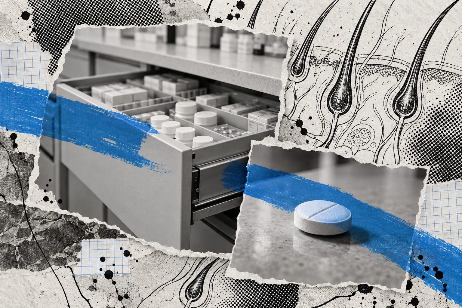 A mixed-media collage shows an unmarked tablet beside pharmacy dispensary drawers with a cool blue stroke.