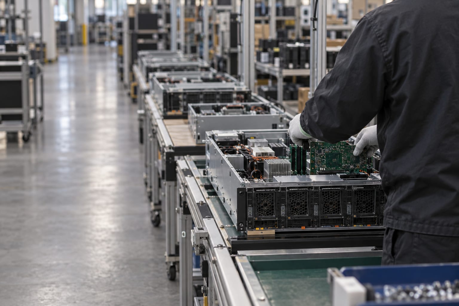 An anonymous electronics assembly line holds open server chassis while a technician works with their back to the camera.