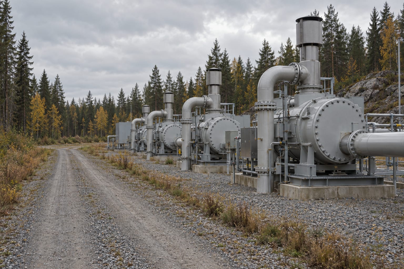Gas compressor housings stand beside a gravel service track in a forest clearing under an overcast sky.