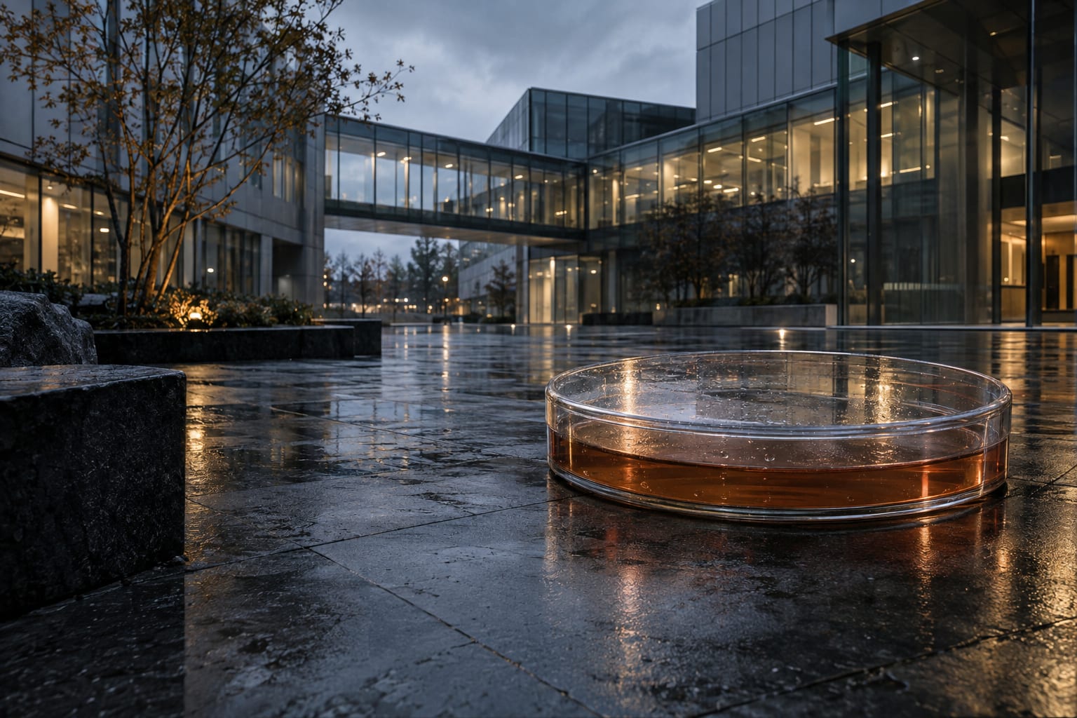 An oversized sealed petri dish stands on the wet paving of an anonymous biomedical research courtyard at blue hour.