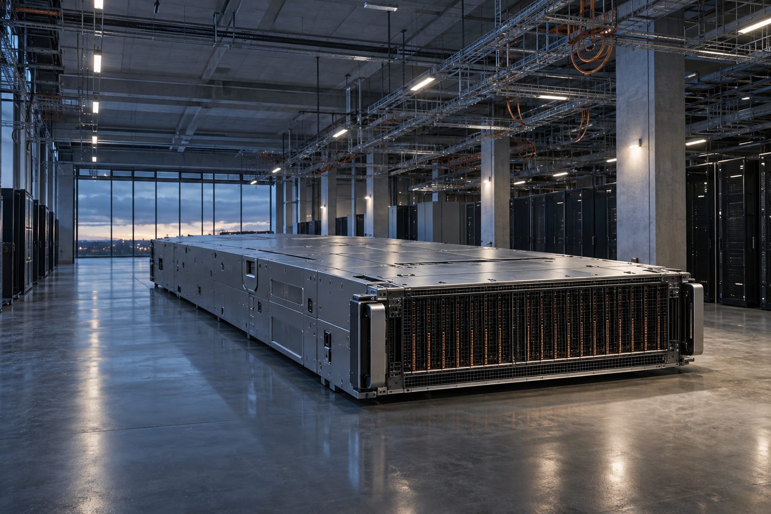 An oversized unbranded server blade rests inside an empty generic data hall under cool light.