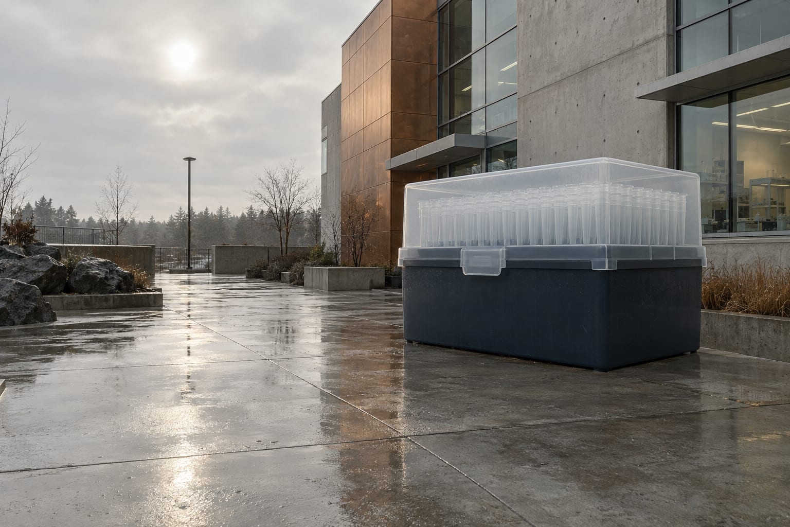 An oversized pipette tip box stands in the wet courtyard of an anonymous research building.