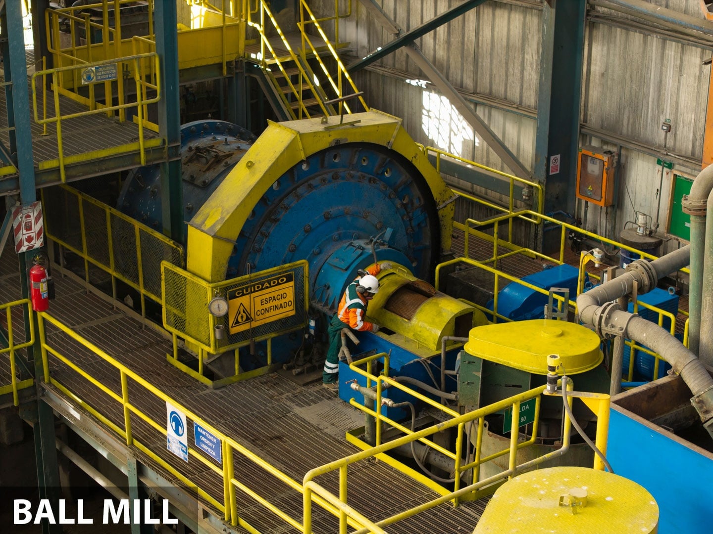 A ball mill stands inside the processing plant at Mallay.