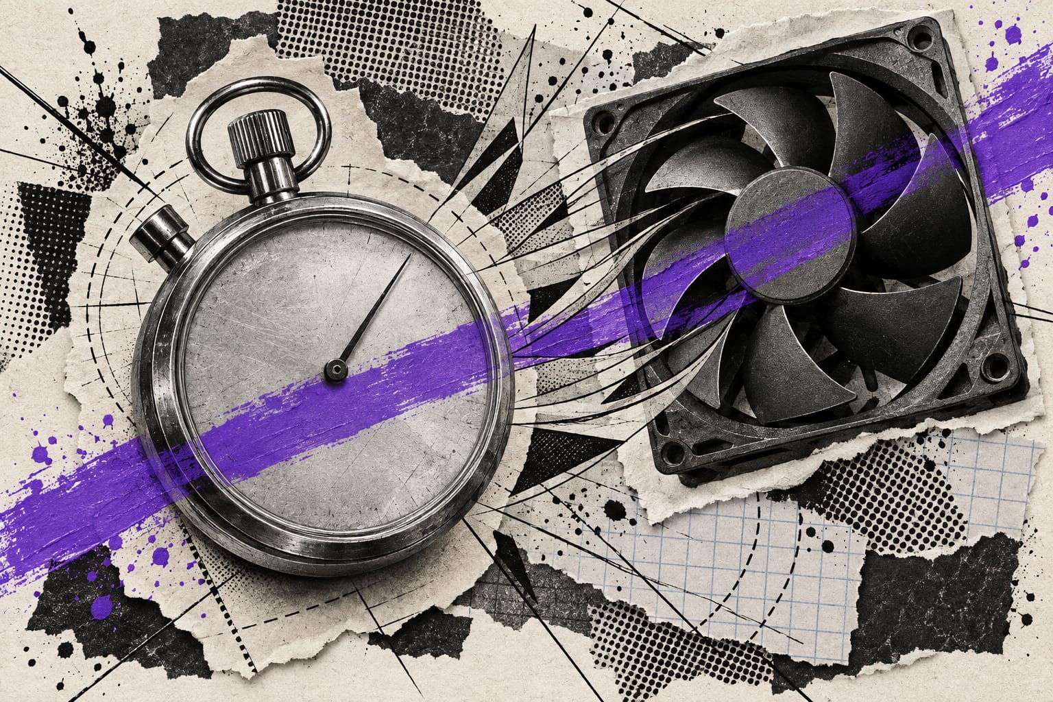Black-and-white cut-outs of an unmarked stopwatch and a cooling fan are connected by ink lines and a violet brushstroke.