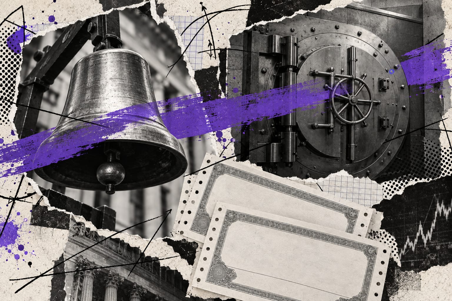 A collage layers a trading bell, a locked custody vault and blank share slips under a violet paint stroke.