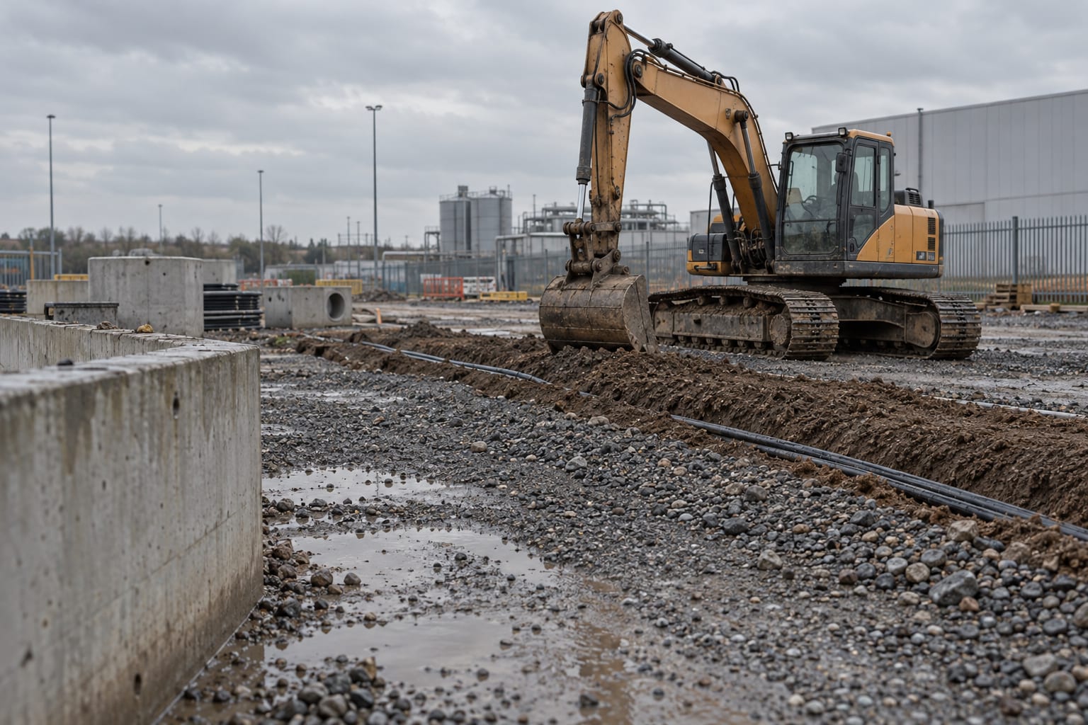 A tracked excavator stands beside a backfilled power cable trench on a wet industrial construction plot.