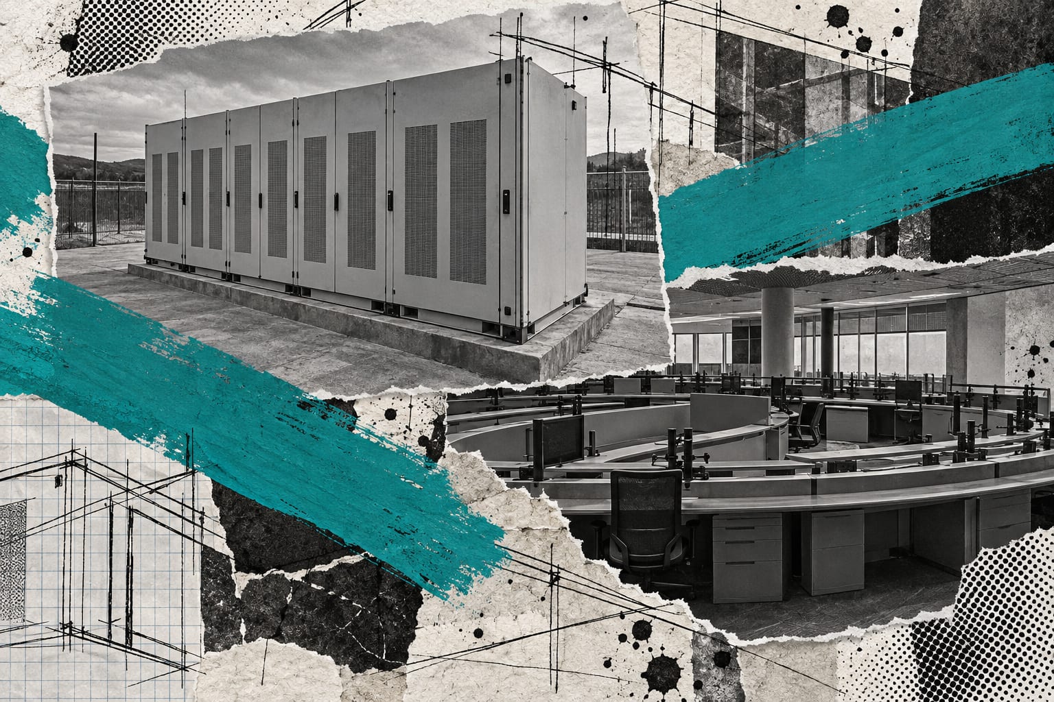 A teal collage places a battery cabinet beside an empty trading desk on textured paper.