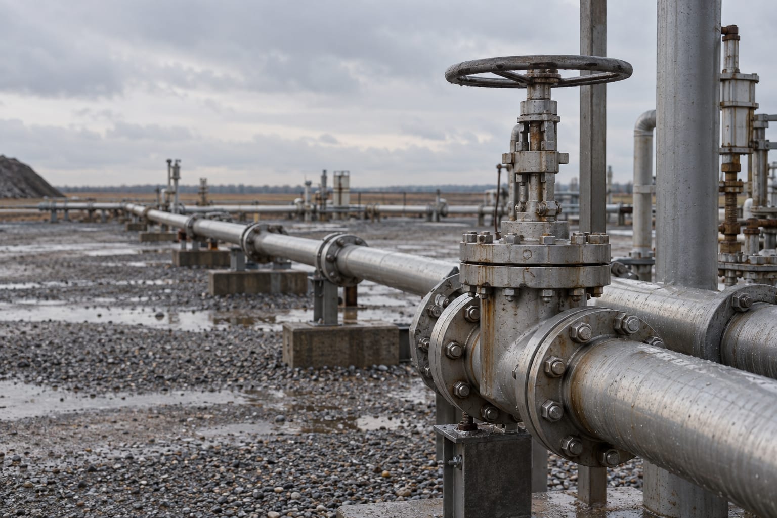 Stainless-steel brine valves and piping stand in a generic overcast industrial yard.