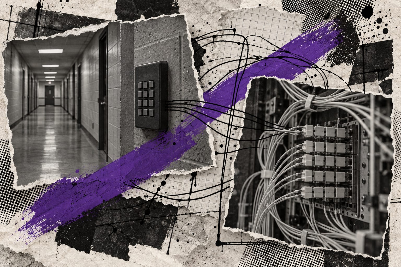 Black and white cut-outs of an access keypad and a fibre junction panel overlap beneath a violet brush stroke.
