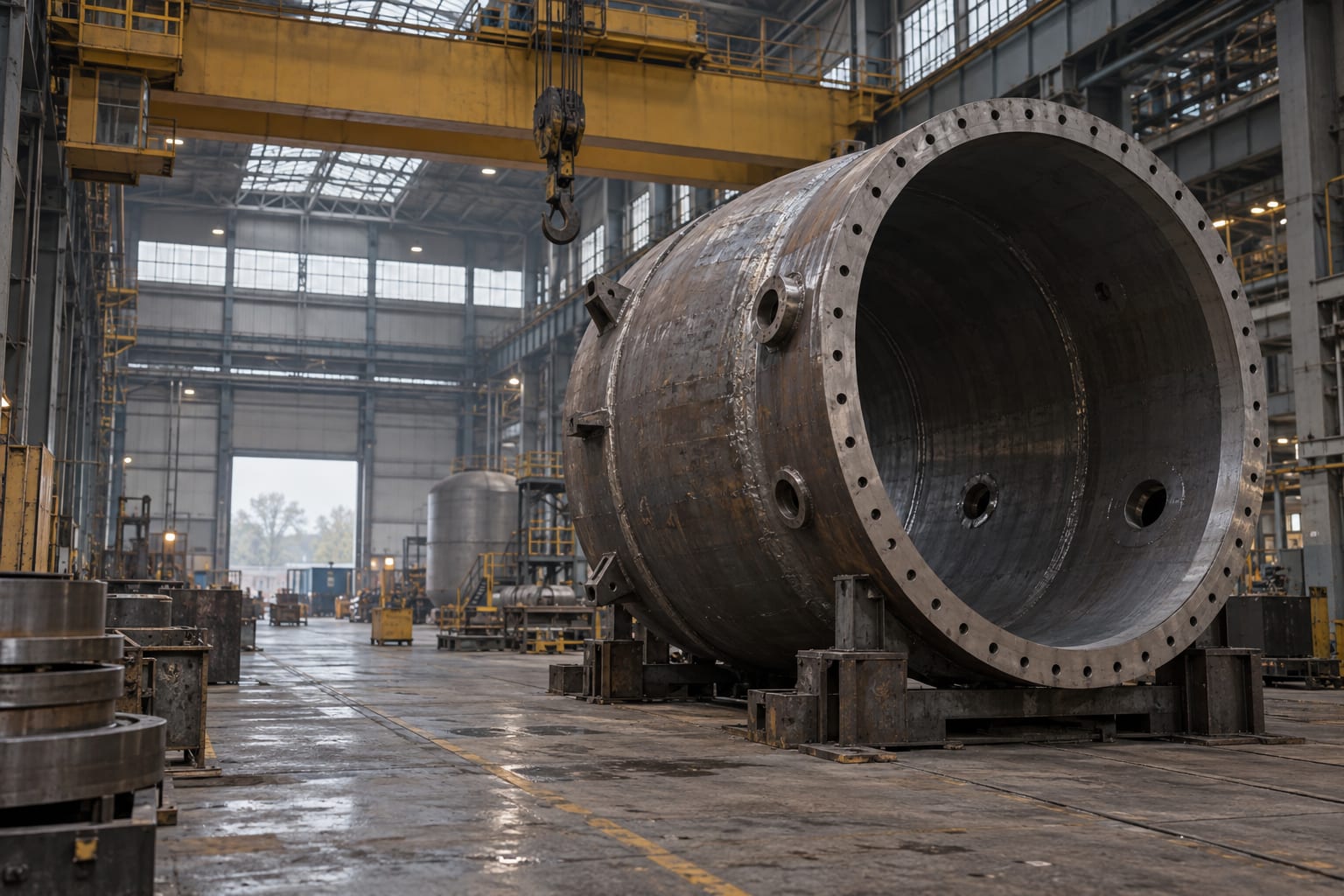 An unmarked steel reactor containment shell sits beneath an overhead crane in a generic industrial workshop.
